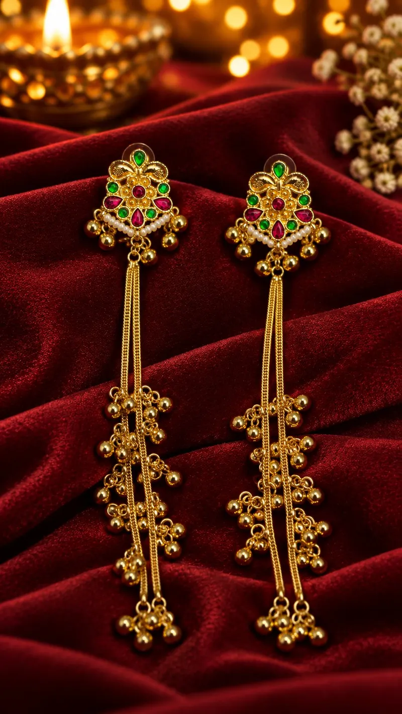 Kashmira Red Green Long Earrings