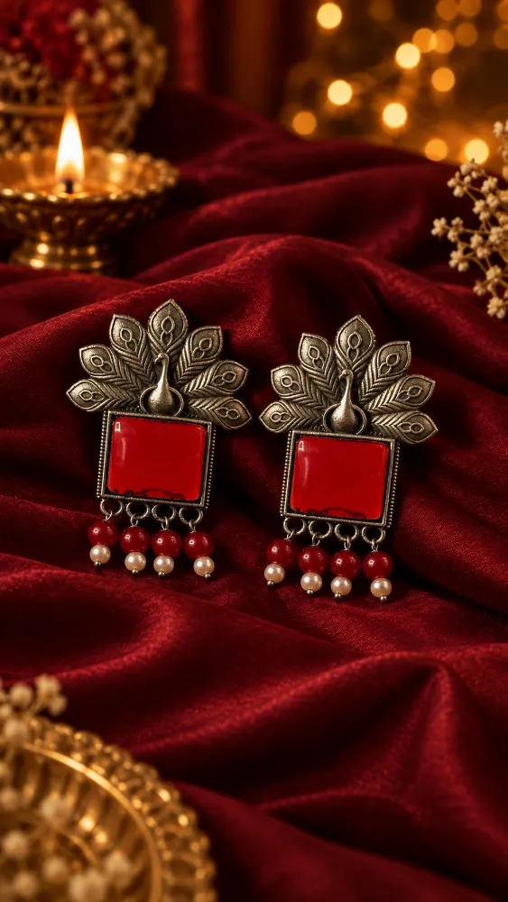 Megha Peacock Stone Earrings, Red