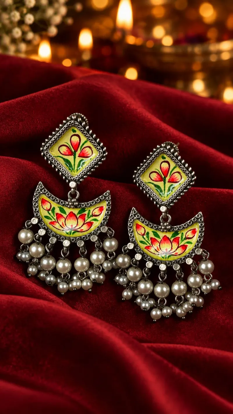 Meenal Meenakari Earrings, Lime